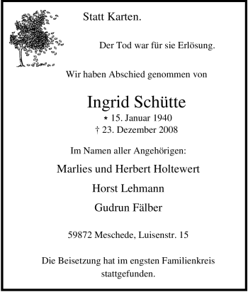 Traueranzeige von Ingrid Schütte von Tageszeitung
