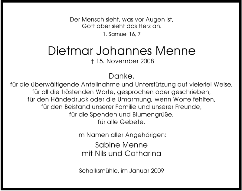  Traueranzeige für Dietmar Johannes Menne vom 17.01.2009 aus Tageszeitung