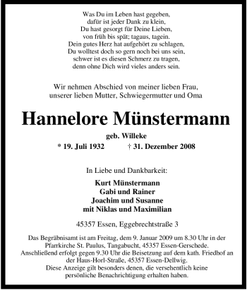 Traueranzeige von Hannelore Münstermann von Tageszeitung