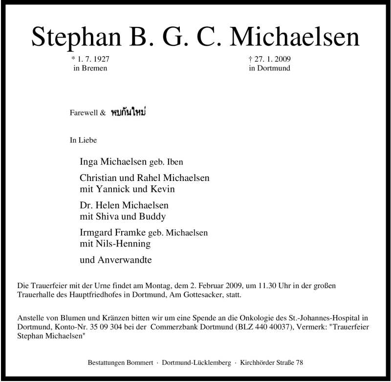  Traueranzeige für Stephan B. G. C. Michaelsen vom 29.01.2009 aus Tageszeitung