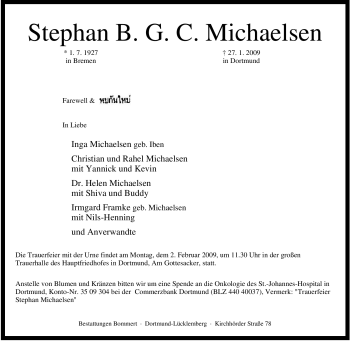 Traueranzeige von Stephan B. G. C. Michaelsen von Tageszeitung
