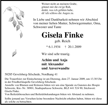 Traueranzeige von Gisela Finke von Tageszeitung