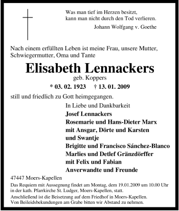 Traueranzeige von Elisabeth Lennackers von Tageszeitung