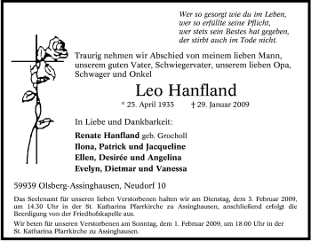 Traueranzeige von Leo Hanfland von Tageszeitung