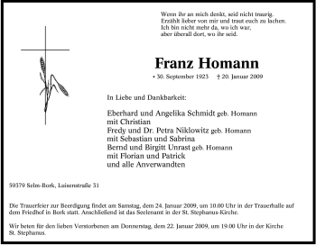 Traueranzeige von Franz Homann von Tageszeitung