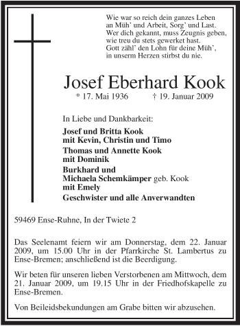 Traueranzeige von Josef Eberhard Kook von Tageszeitung