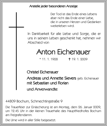 Traueranzeige von Anton Eichenauer von Tageszeitung