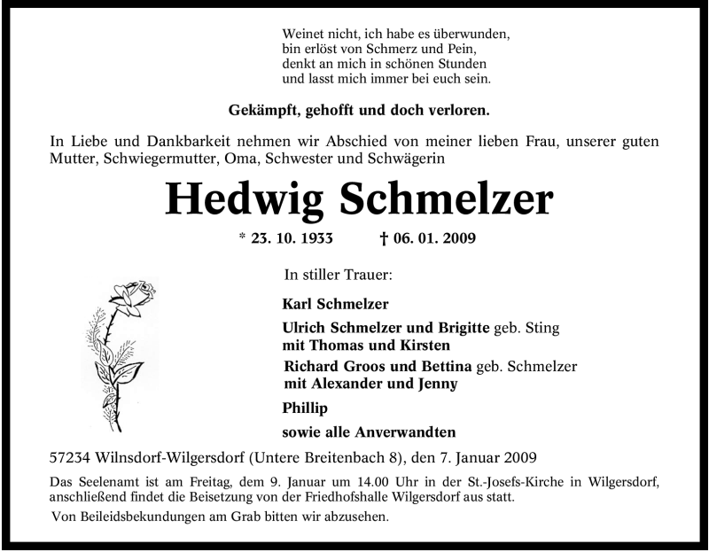  Traueranzeige für Hedwig Schmelzer vom 07.01.2009 aus Tageszeitung