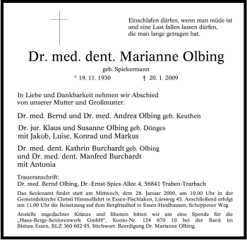 Traueranzeige von Marianne Olbing von Tageszeitung
