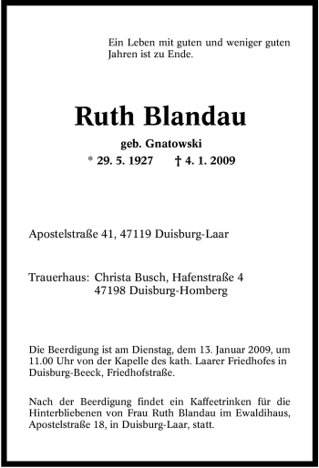 Traueranzeige von Ruth Blandau von Tageszeitung