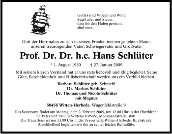 Traueranzeige von Hans Schlüter von Tageszeitung