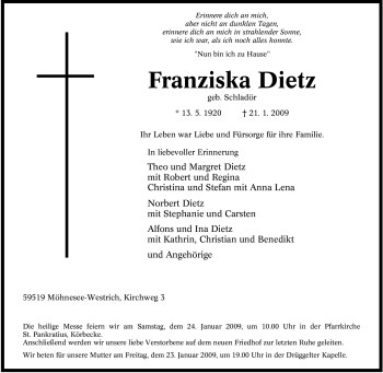 Traueranzeige von Franziska Dietz von Tageszeitung