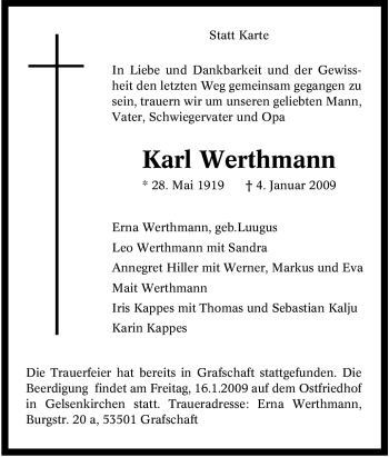 Traueranzeige von Karl Werthmann von Tageszeitung