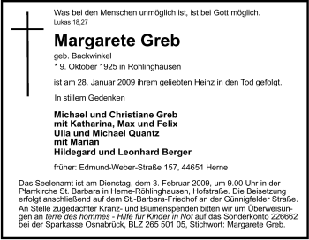 Traueranzeige von Margarete Greb von Tageszeitung