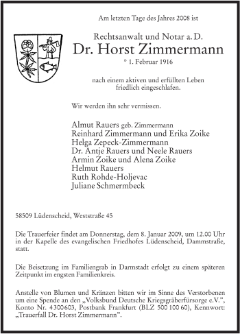 Traueranzeige von Horst Zimmermann von Tageszeitung