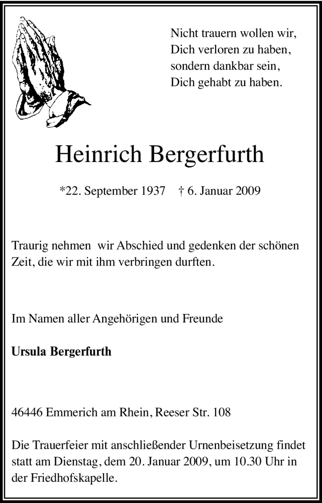  Traueranzeige für Heinrich Bergerfurth vom 17.01.2009 aus Tageszeitung
