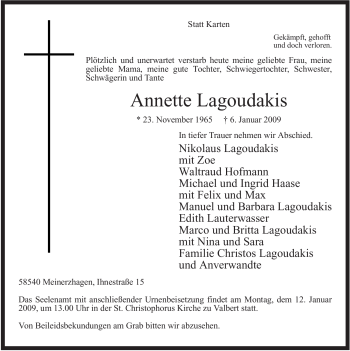Traueranzeige von Annette Lagoudakis von Tageszeitung