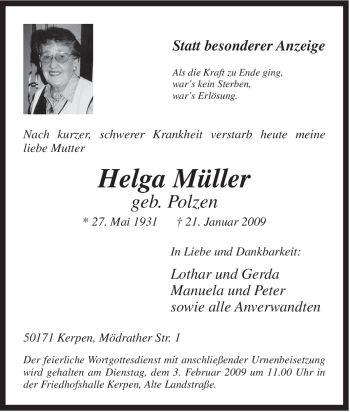 Traueranzeige von Helga Müller von Tageszeitung