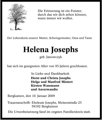 Traueranzeige von Helena Josephs von Tageszeitung