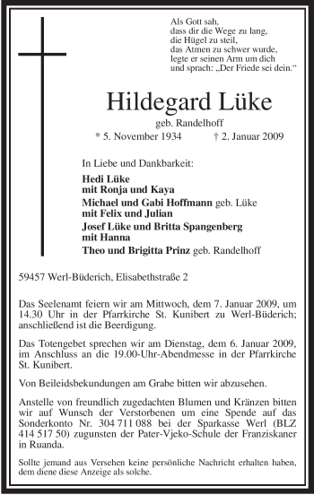 Traueranzeige von Hildegard Lüke von Tageszeitung