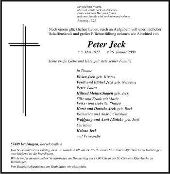 Traueranzeige von Peter Jeck von Tageszeitung