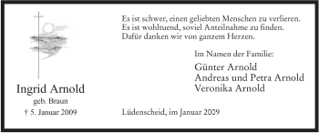 Traueranzeige von Ingrid Arnold von Tageszeitung