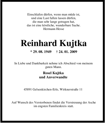 Traueranzeige von Reinhard Kujtka von Tageszeitung