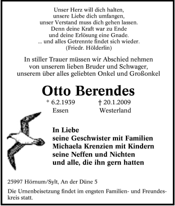 Traueranzeige von Otto Berendes von Tageszeitung