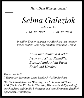 Traueranzeige von Selma Galeziok von Tageszeitung