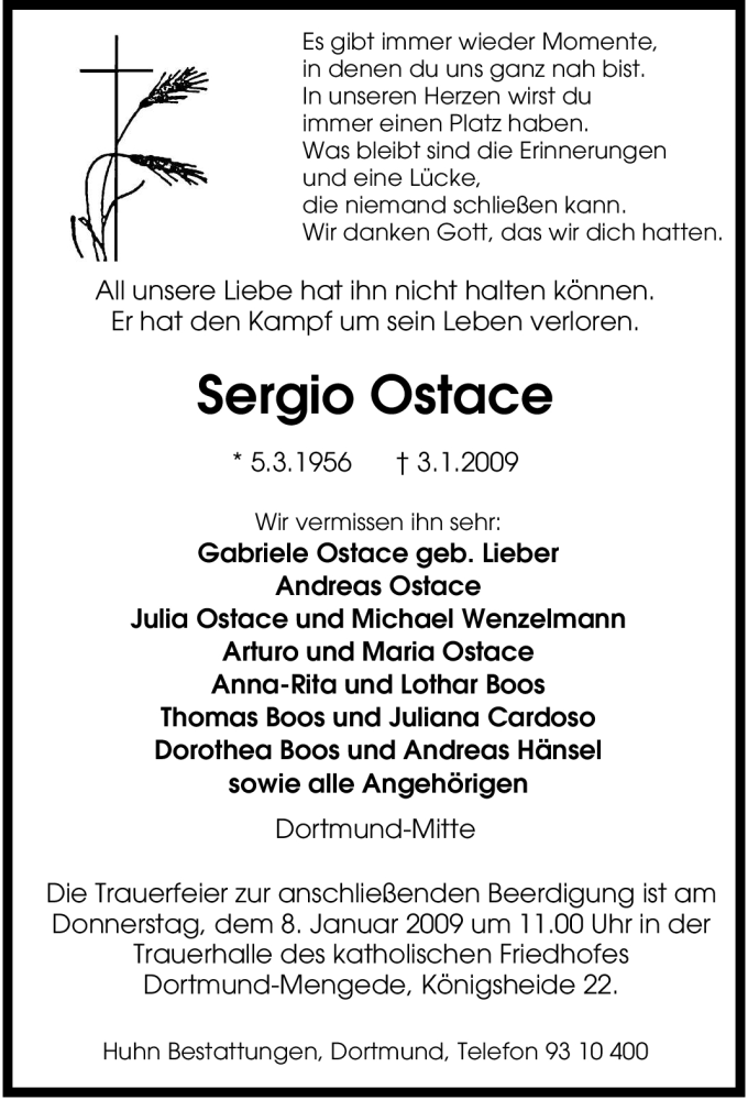  Traueranzeige für Sergio Ostace vom 06.01.2009 aus Tageszeitung