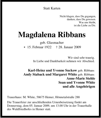 Traueranzeige von Magdalena Ribbans von Tageszeitung