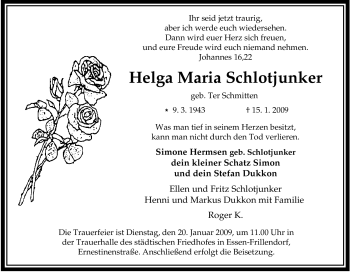 Traueranzeige von Helga Maria Schlotjunker von Tageszeitung