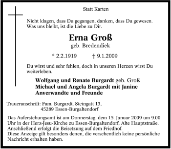 Traueranzeige von Erna Groß von Tageszeitung