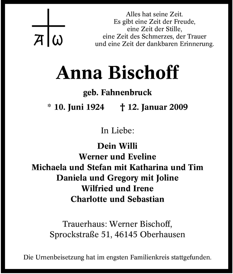  Traueranzeige für Anna Bischoff vom 21.01.2009 aus Tageszeitung