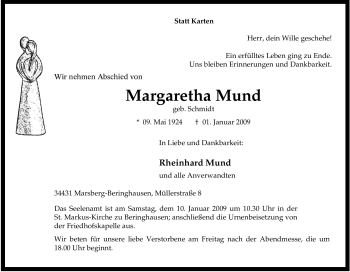Traueranzeige von Margaretha Mund von Tageszeitung