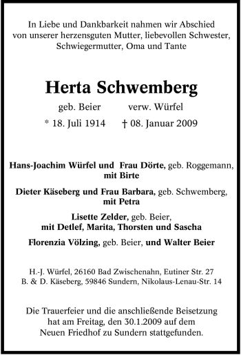 Traueranzeige von Herta Schwemberg von Tageszeitung