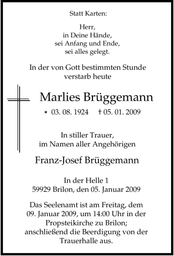 Traueranzeige von Marlies Brüggemann von Tageszeitung