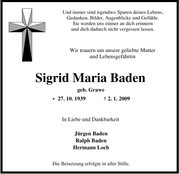 Traueranzeige von Sigrid Maria Baden von Tageszeitung