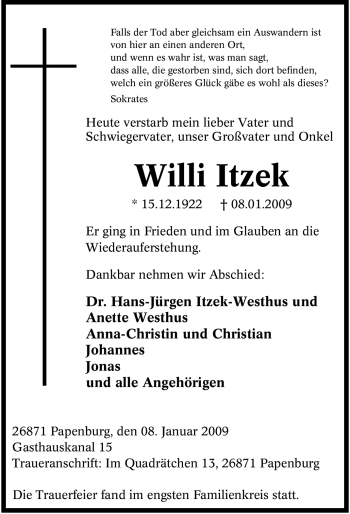 Traueranzeige von Willi Itzek von Tageszeitung