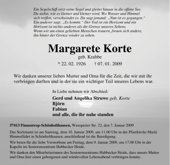 Traueranzeige von Margarete Korte von Tageszeitung