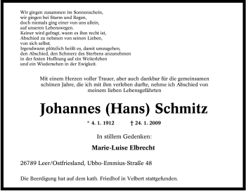Traueranzeige von Johannes (Hans) Schmitz von Tageszeitung