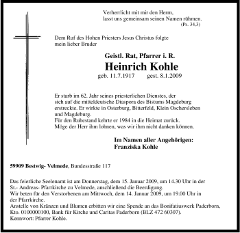 Traueranzeige von Heinrich Kohle von Tageszeitung
