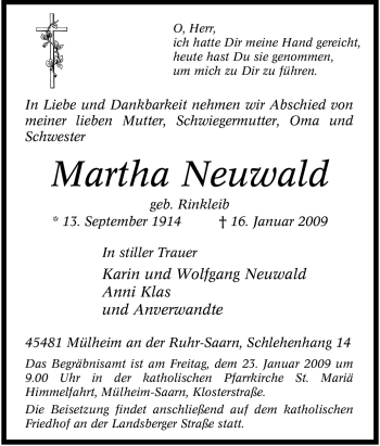 Traueranzeige von Martha Neuwald von Tageszeitung