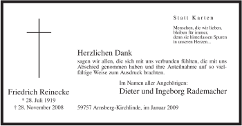 Traueranzeige von Friedrich Reinecke von Tageszeitung