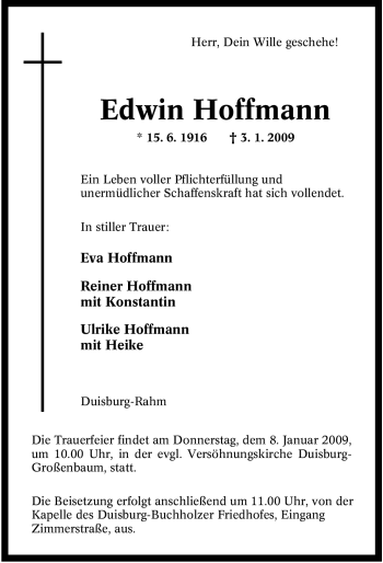 Traueranzeige von Edwin Hoffmann von Tageszeitung
