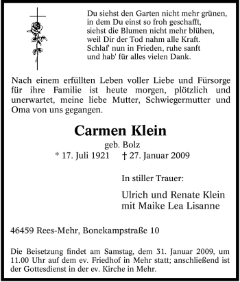 Traueranzeige von Carmen Klein von Tageszeitung