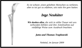 Traueranzeige von Inge Neukäter von Tageszeitung