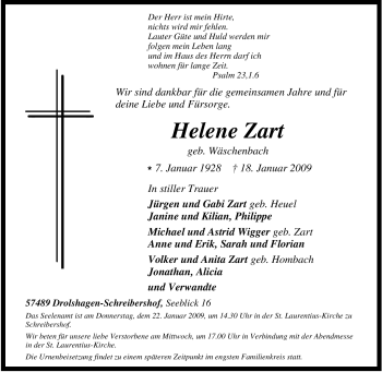 Traueranzeige von Helene Zart von Tageszeitung