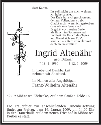 Traueranzeige von Ingrid Altenähr von Tageszeitung