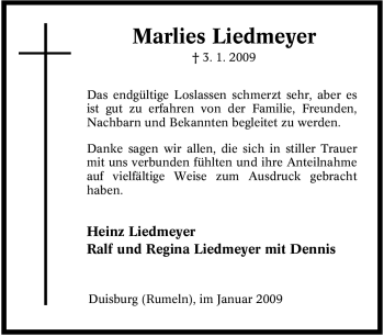 Traueranzeige von Marlies Liedmeyer von Tageszeitung
